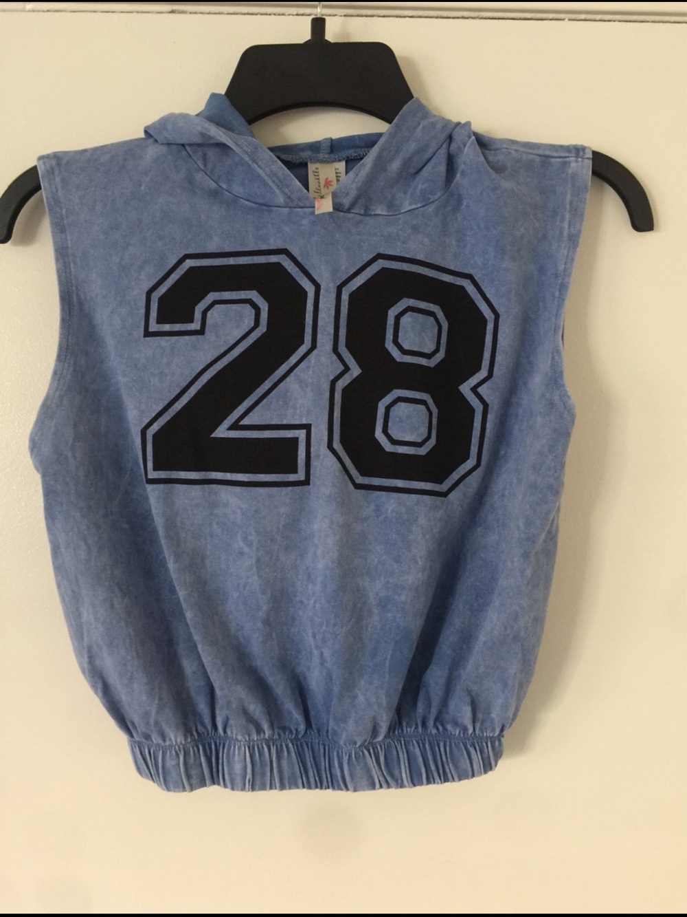Blue Hooded Sleeveless Top with '28' Graphic
